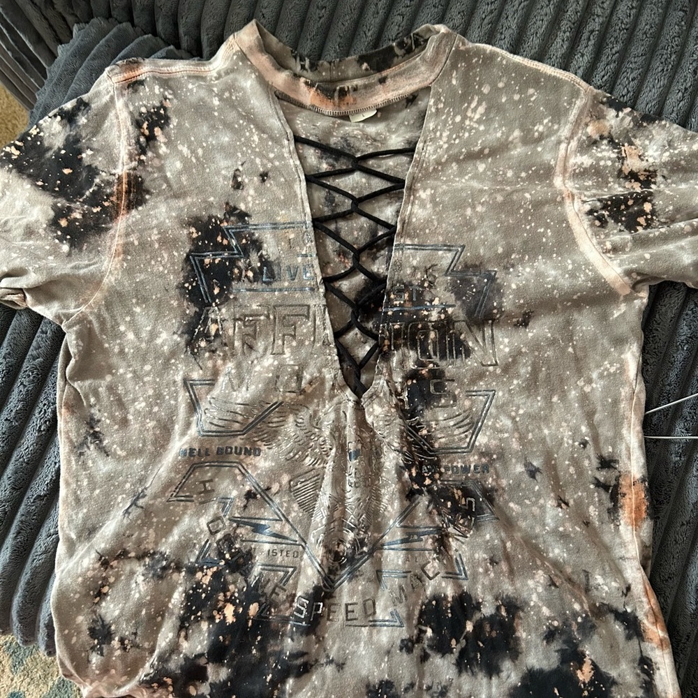 Affliction Tie-Dye Lace-Up Tee in Black and grey